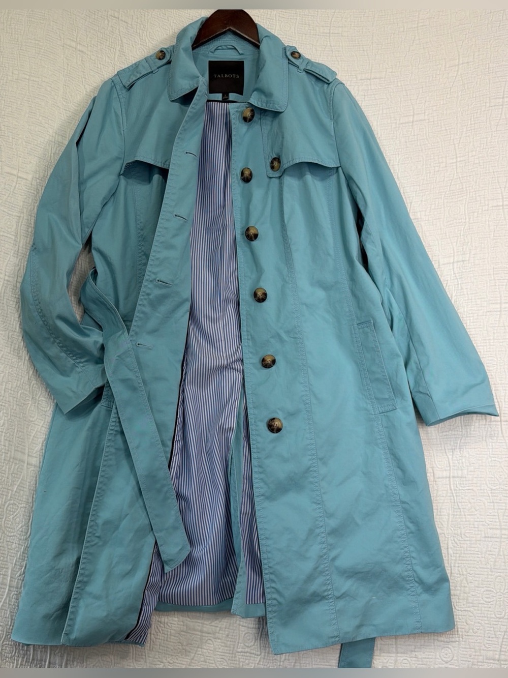 Talbots Long Trench Coat Women Large Overcoat Light Blue Belted Classic Casual L